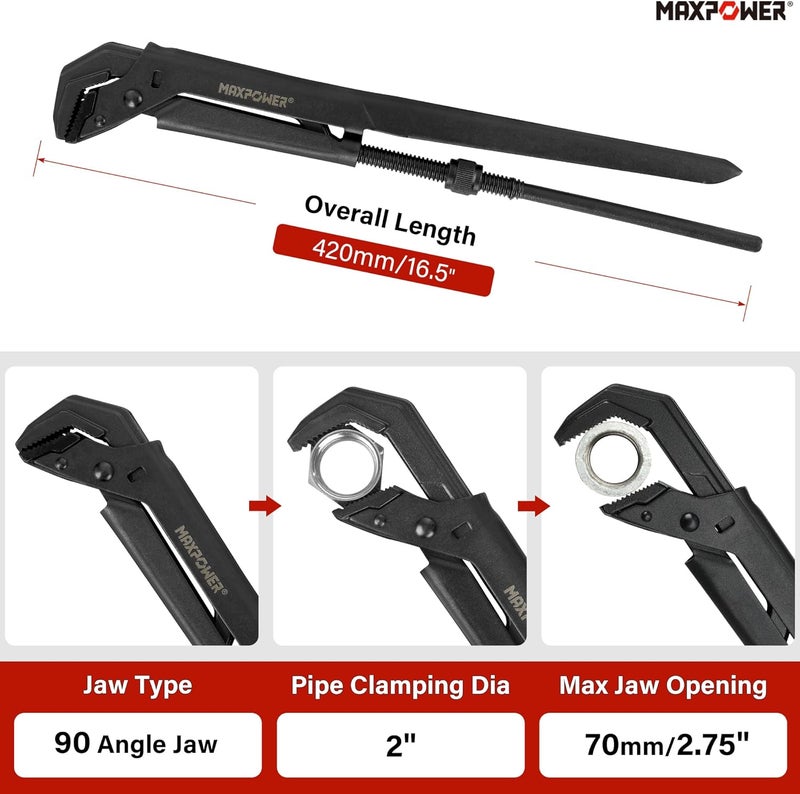 Max Power Swedish Pipe Wrench, 16 1/2-Inch Adjustable Swedish Pipe Spanner Plumbers Wrench with 90°Angled Jaw, Jaw MAX Opening Capacity 2.75" - Image 2